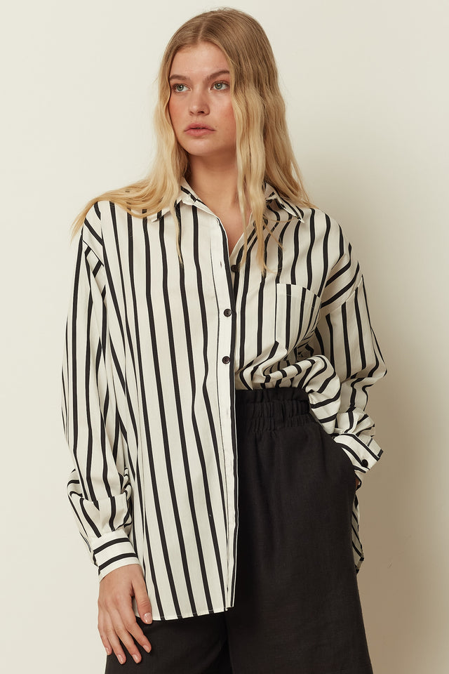BLACK COTTON POPLIN STRIPED SHIRT