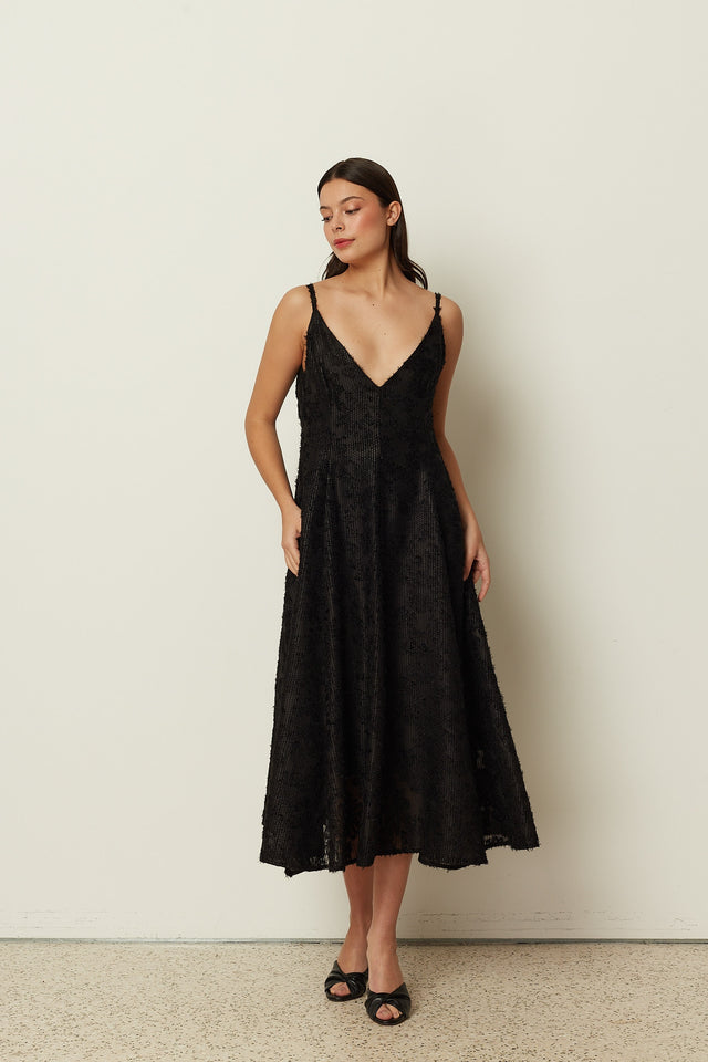 BLACK SEQUINED FLARED DRESS