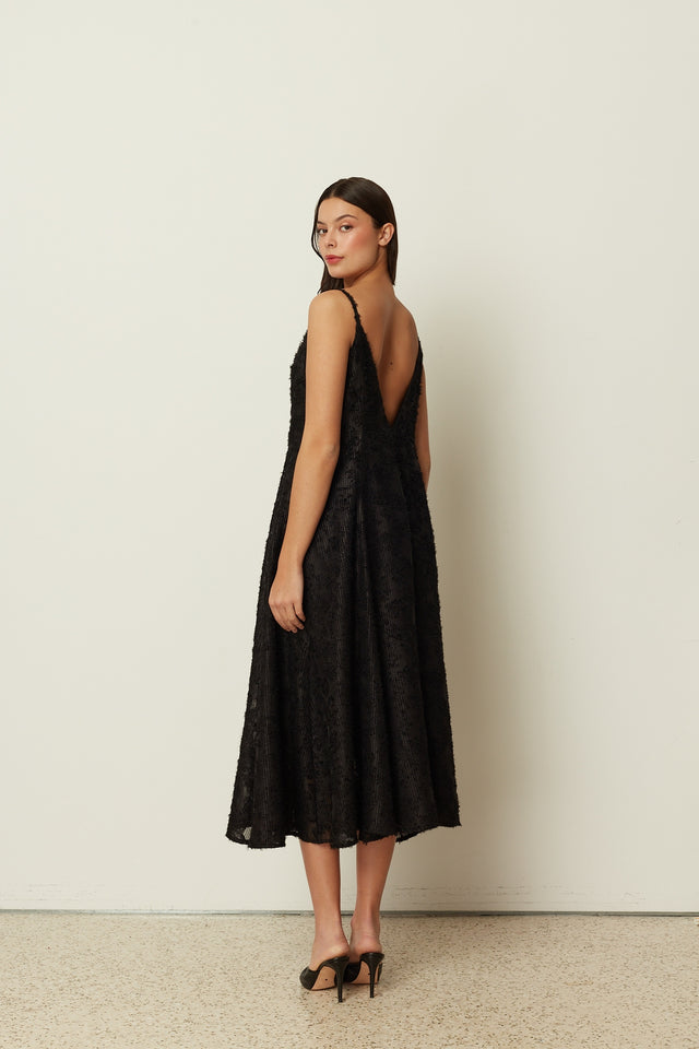 BLACK SEQUINED FLARED DRESS