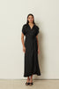 BLACK SATIN RUFFLED WRAP DRESS
