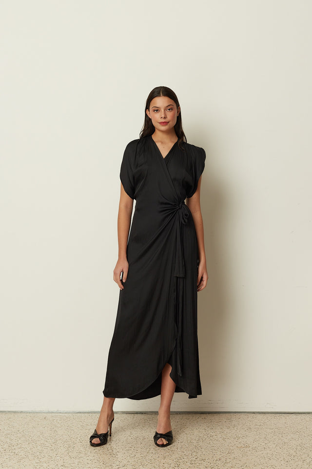 BLACK SATIN RUFFLED WRAP DRESS