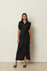 BLACK SATIN RUFFLED WRAP DRESS