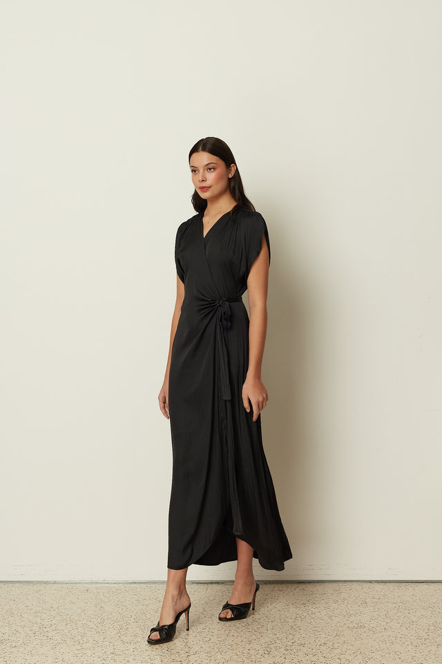 BLACK SATIN RUFFLED WRAP DRESS