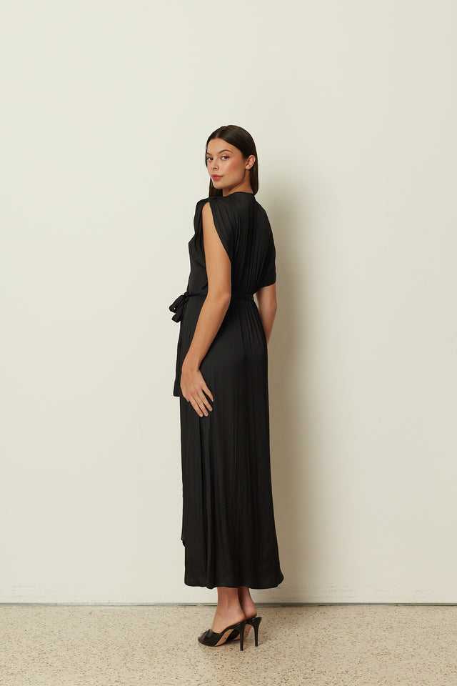 BLACK SATIN RUFFLED WRAP DRESS