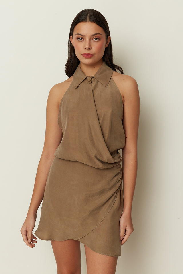 KHAKI WRAP COLLAR MINI DRESS