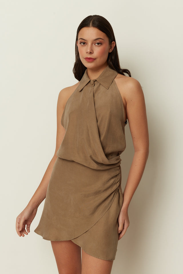 KHAKI WRAP COLLAR MINI DRESS