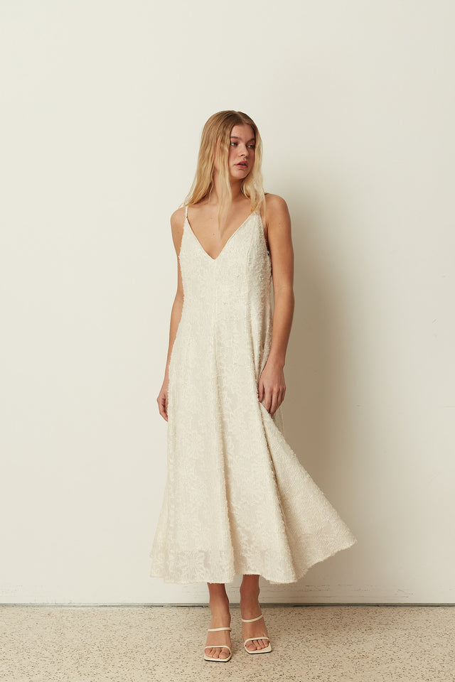 WHITE SEQUINED FLARED DRESS
