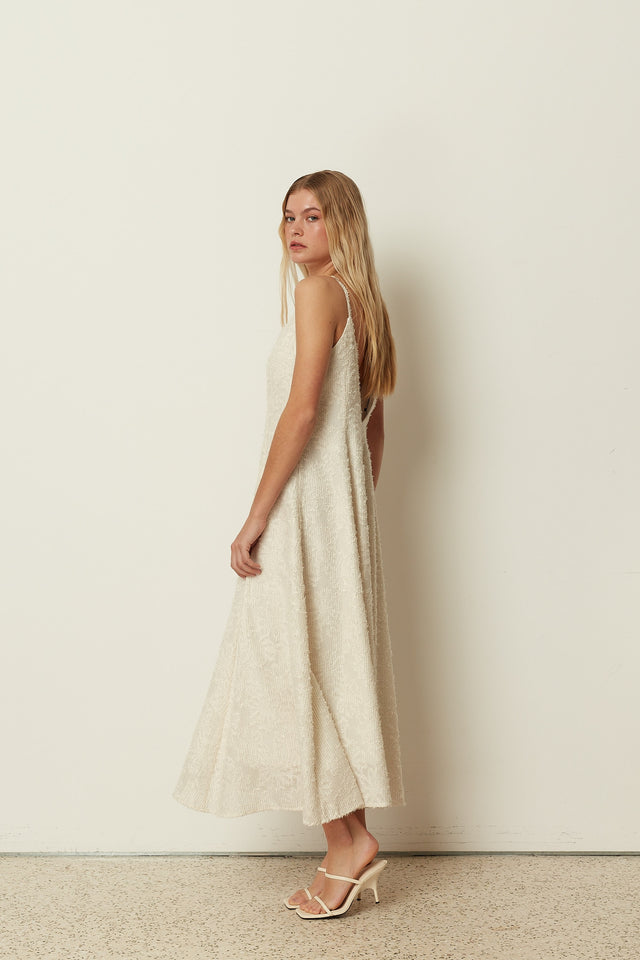 WHITE SEQUINED FLARED DRESS