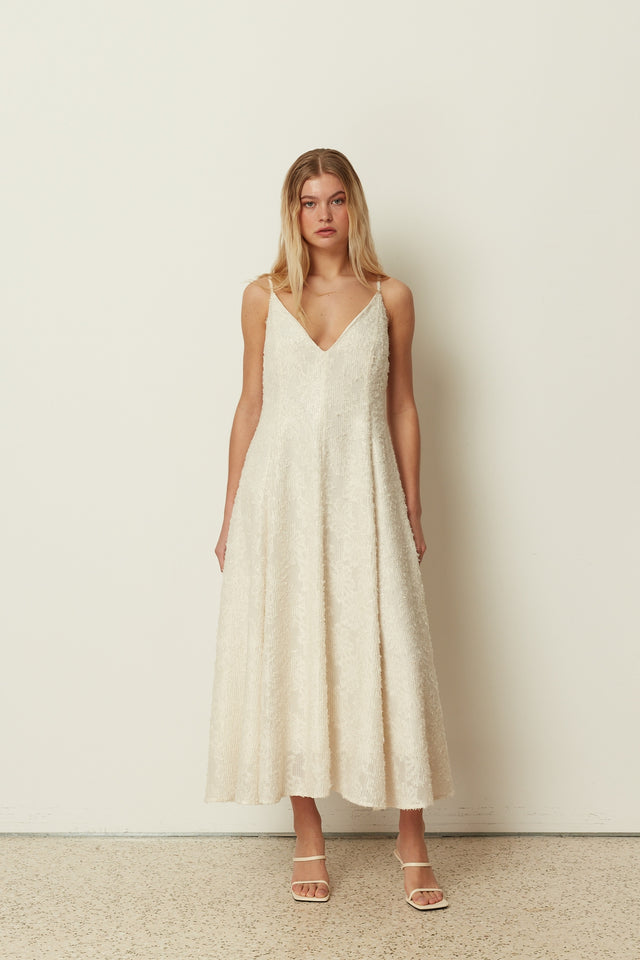 WHITE SEQUINED FLARED DRESS