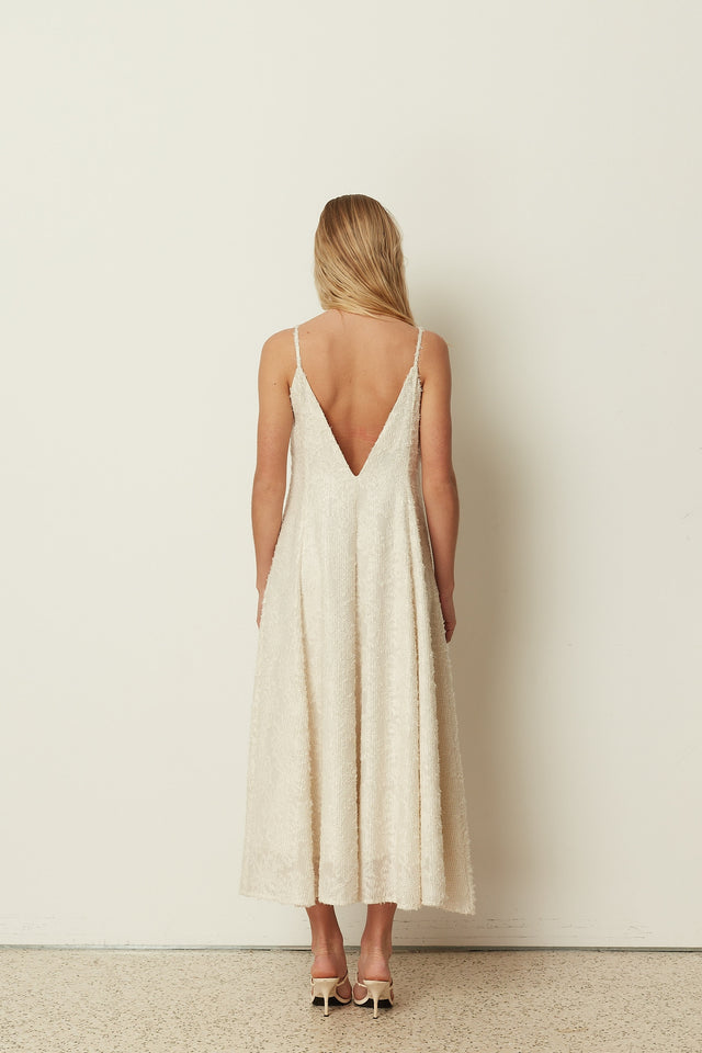WHITE SEQUINED FLARED DRESS