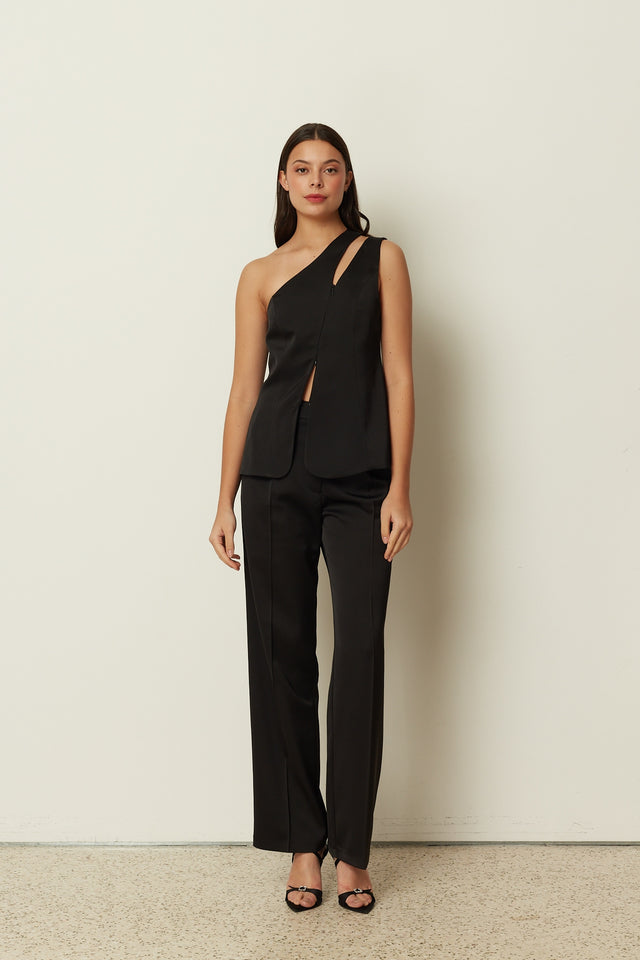 BLACK ASYMMETRICAL CUT-OUT TAILORED VEST