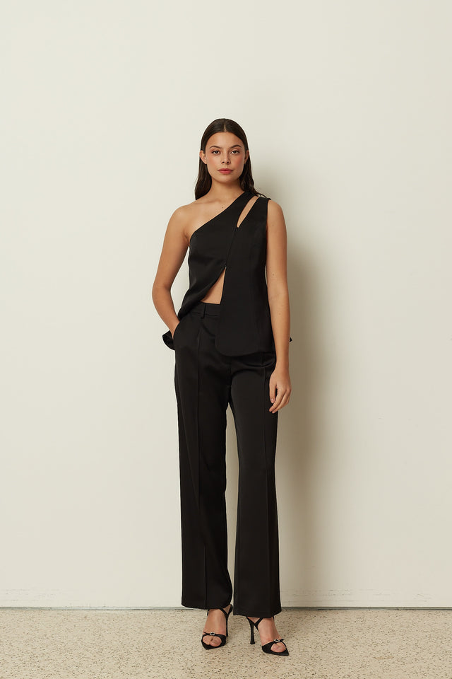 BLACK SATIN TAILORED PANTS