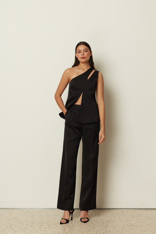 BLACK SATIN TAILORED PANTS