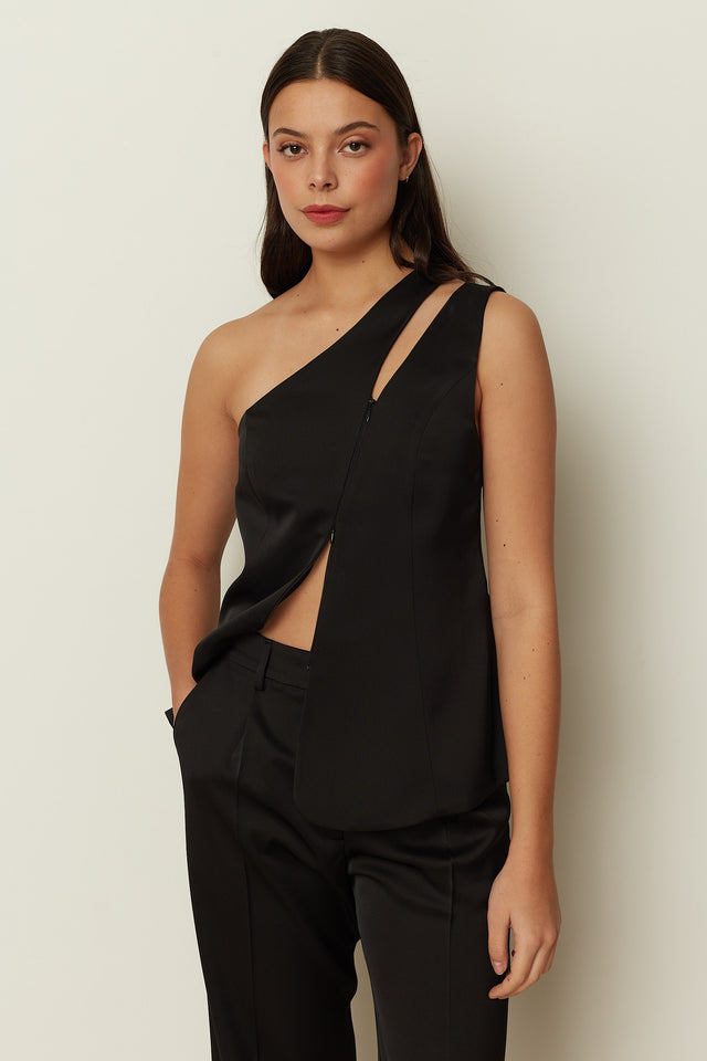 BLACK ASYMMETRICAL CUT-OUT TAILORED VEST