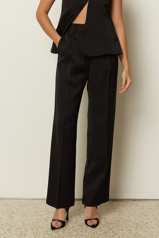 BLACK SATIN TAILORED PANTS