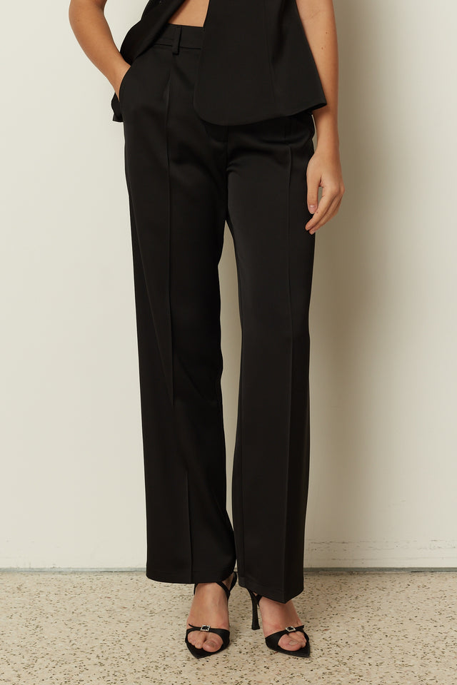 BLACK SATIN TAILORED PANTS