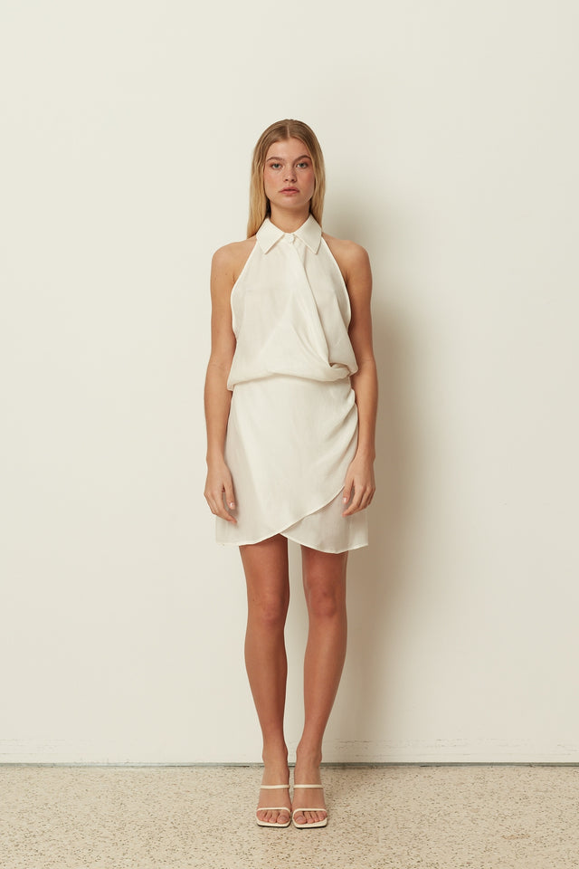 WHITE WRAP COLLAR MINI DRESS