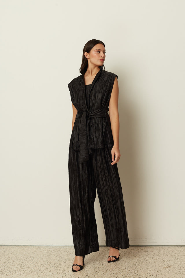 BLACK METALLIC PLEATED WIDE LEG PANTS