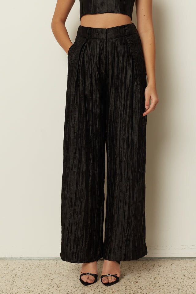 BLACK METALLIC PLEATED WIDE LEG PANTS