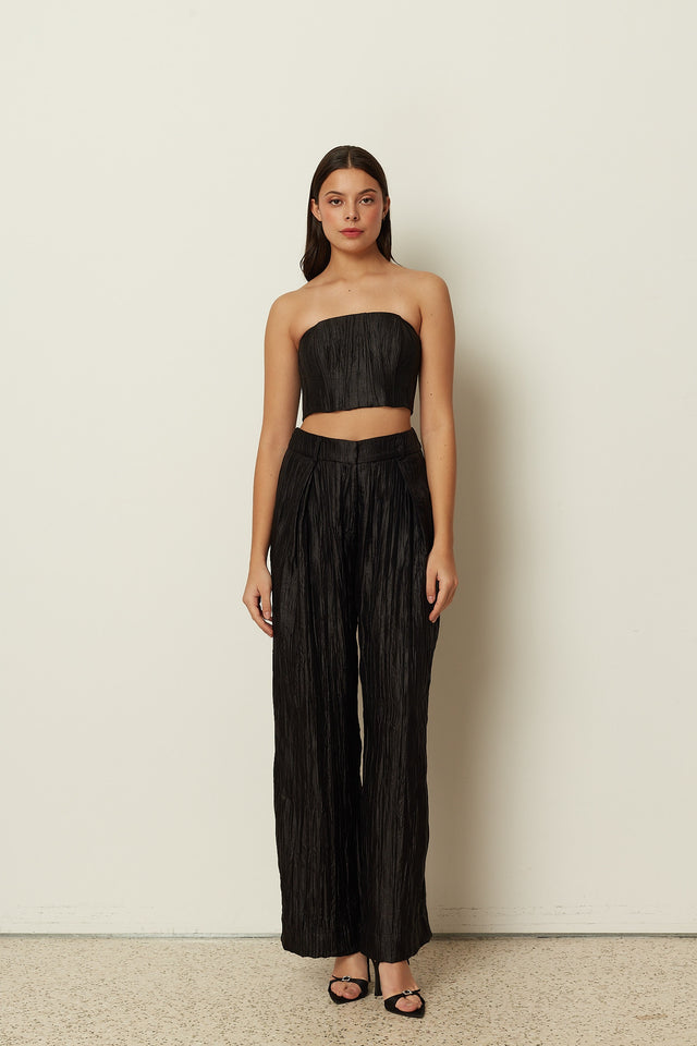 BLACK METALLIC PLEATED WIDE LEG PANTS