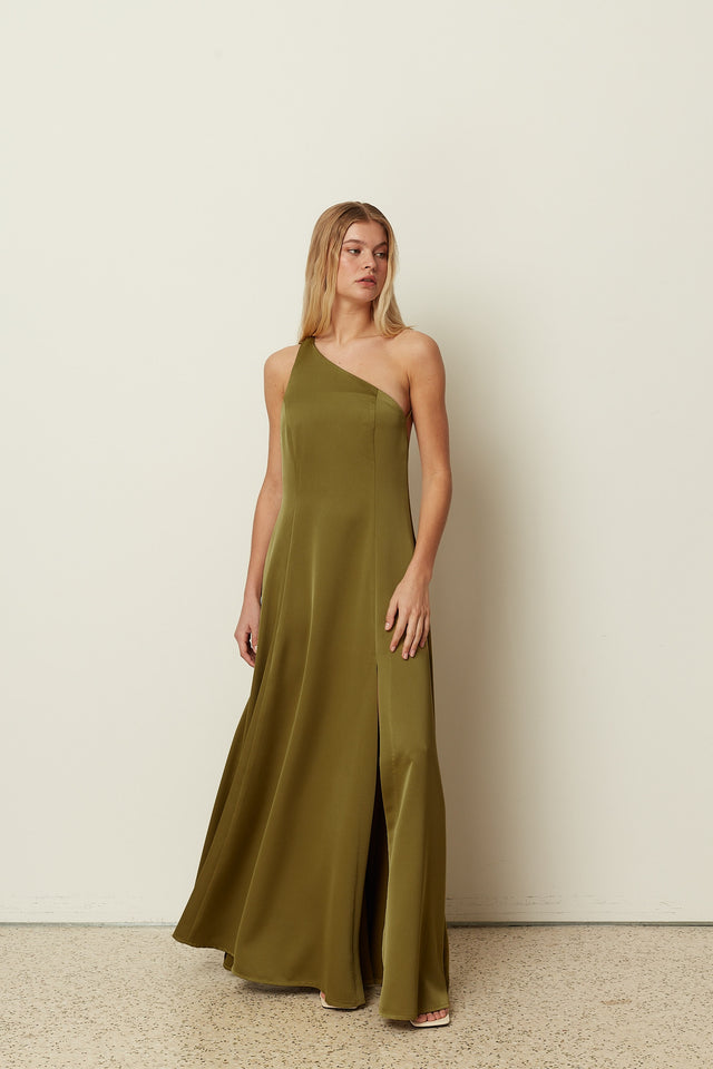 ONE SHOULDER FLARED DRESS OLIVE